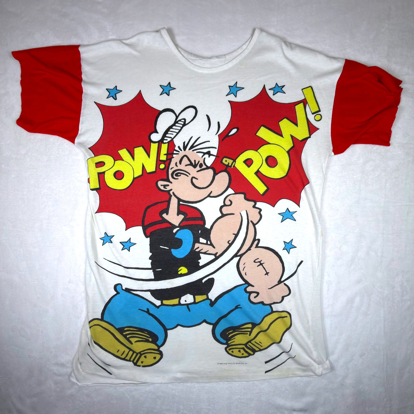 Vintage 1986 Popeye The Sailor Man Pow Graphic T-Shirt Red White Raglan 80s L